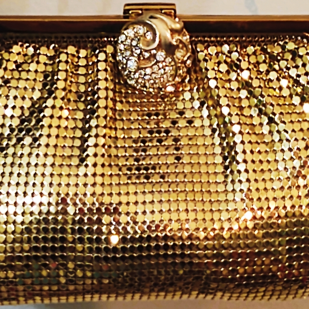 Vintage Designer Whiting & Davis Gold Mesh Rhinestone Bag - Picture 2 of 9